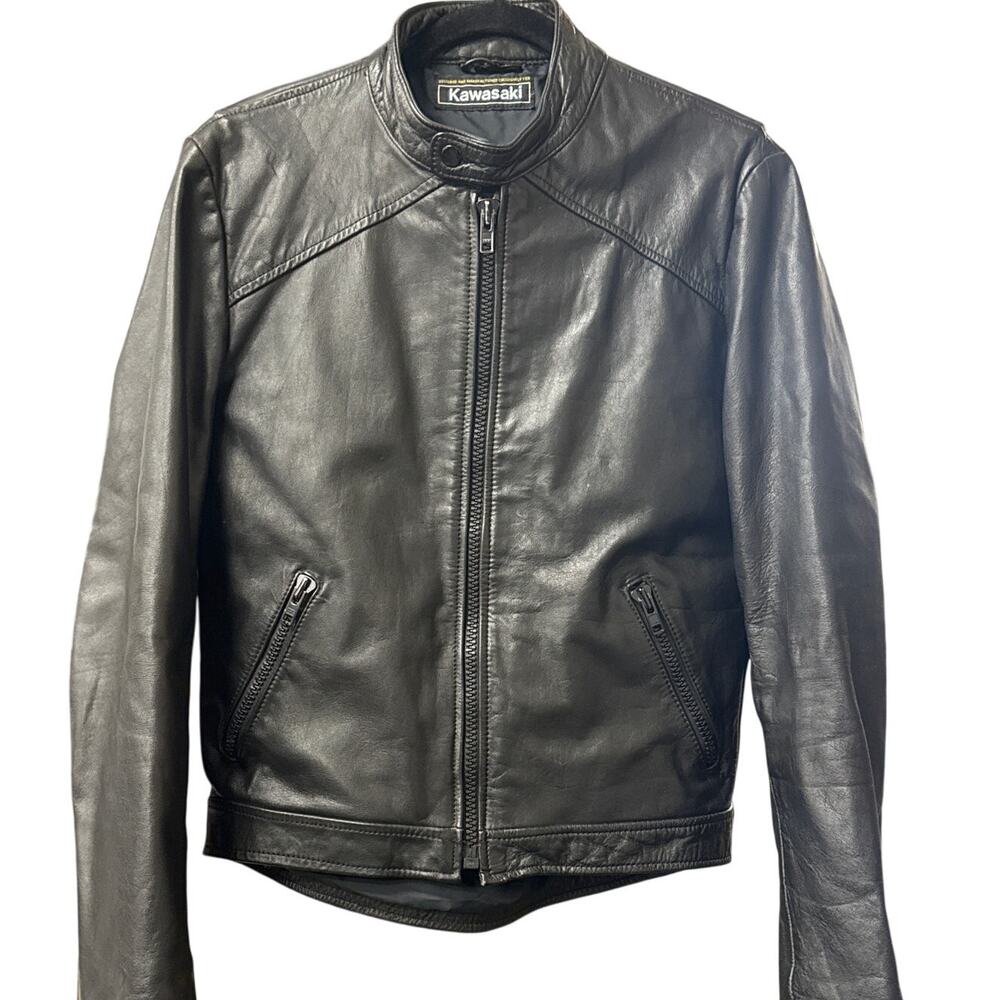 Kawasaki Men's Black Leather Zip Motorcycle Jacket